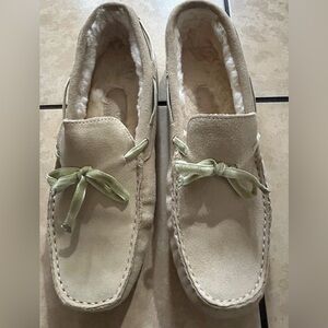 UGG Cream Moccasins with Green Bow